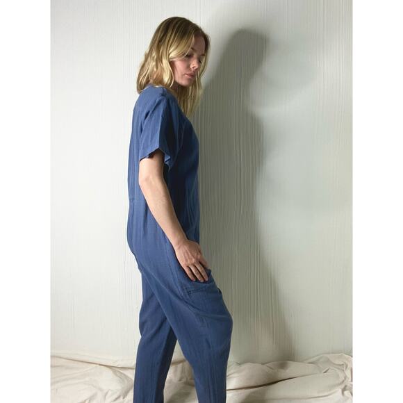 7115 BY SZEKI Mechanic Blue Linen Gauze Short Sleeve Jumpsuit US SMALL - Picture 6 of 11